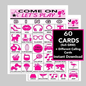 Bingo rosa, gioco del bingo per bambini, bingo per addio al nubilato, bingo per ragazze, bingo per compleanni, compleanni per adolescenti, gioco del pigiama party, elenco delle chiamate e segnalini per il bingo