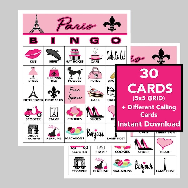 Paris, France, Paris Party Bingo, Paris Games, Instant Digital Download, Printable Games, 30 Different cards, Calling Cards