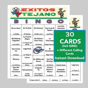 Exitos Tejano, Party Tejano Music, Tex-Mex Music Bingo Games, Instant Digital Download, 30 Different Bingo cards, Spotify Playlist Included