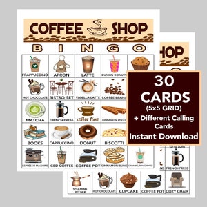Coffee Bingo Cards: Printable bingo cards, color pictures, 30 cards, coffee themed party games, coffee bridal shower, coffee birthday party