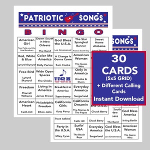 Bingo avec chansons patriotiques, Bingo du Memorial Day, Bingo du 4 juillet, Bingo avec chansons américaines, 30 cartes de bingo différentes, Lien Spotify inclus