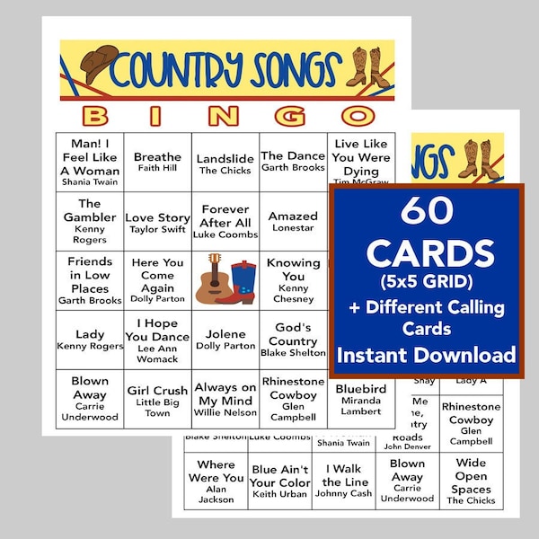 Country Music Hits, Country Music Party, Digital Download, Bingo Games, Printable Games,  60 Different Bingo cards, Spotify Playlist