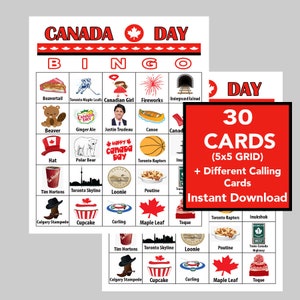 Canada Day, Canada Day bingospel, zomerbingo, partybingo, zomerspelen 2023, leuke spelletjes voor kinderen, direct downloaden, 30 verschillende kaarten