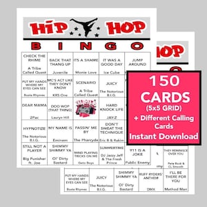 May include: A pink and white printable bingo card set with the title "Hip Hop Bingo". The card features a 5x5 grid with squares containing hip hop music and artist names. The card is part of a set of 150 cards and includes different calling cards. The text "Instant Download" is also included.