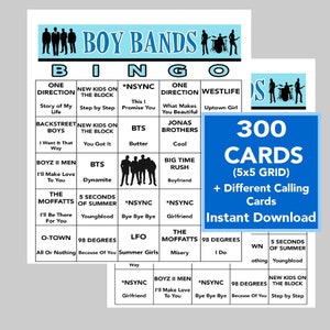 Może przedstawiać: Drukowana gra w Bingo z zespołami muzycznymi dla chłopc&oacute;w z siatką 5x5, z popularnymi zespołami, takimi jak One Direction i Backstreet Boys. Zawiera 300 kart i karty do wywoływania do natychmiastowego pobrania. Gra ma jasnoniebieską i białą kolorystykę.