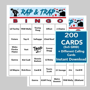Música Rap, Música Trap, Bingo Rap y Trap, Juegos de Música, Música Rap y Trap, Descarga Digital, 200 cartones de Bingo, Lista de Reproducción de Spotify Incluida