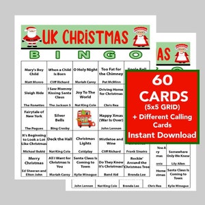 Música HOLIDAY, Fiesta navideña en el Reino Unido, Bingo de música navideña, Descarga digital, Juegos de bingo, Juegos imprimibles, 60 tarjetas de bingo diferentes