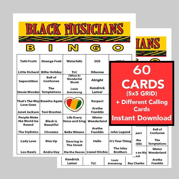 Black History Bingo, Black Musicians, Black History Music, School Activity, Group Activity, Instant Digital Download, 60 Unique Cards