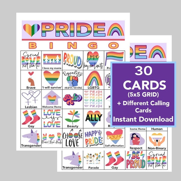 Pride BINGO, Mes del Orgullo, Juego de fiesta LGBTQ, Descarga digital, Juegos imprimibles, 30 cartas únicas