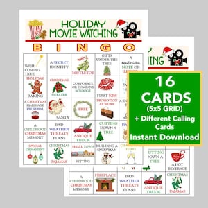 Bingo de películas navideñas, películas navideñas de Hallmark, juegos para la noche en familia, descarga digital, juegos de bingo, juegos imprimibles, 16 tarjetas diferentes