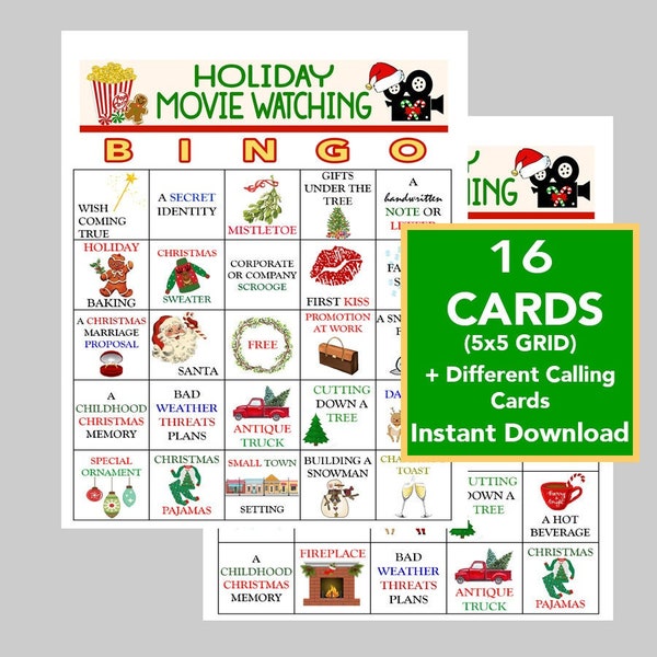 Bingo de películas navideñas, películas navideñas de Hallmark, juegos para la noche en familia, descarga digital, juegos de bingo, juegos imprimibles, 16 tarjetas diferentes