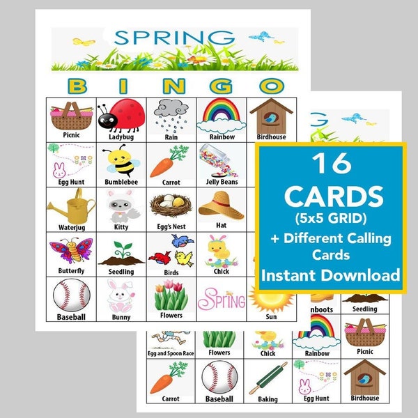 Spring Bingo, Springtime Bingo, Spring Party Bingo, Printable Bingo, Easter Bingo, Games for Kids, Instant Download