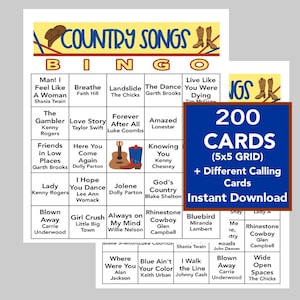 Sucessos da música country, festa de música country, download digital, jogos de bingo, lista de reprodução do Spotify incluída, 200 cartões diferentes, lista de reprodução do Spotify