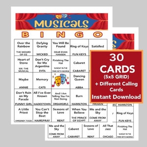 Éxitos musicales de Broadway, Musicales de Broadway, Juegos de bingo, Juegos imprimibles, Descarga digital, 30 cartones de bingo diferentes, Lista de reproducción de Spotify