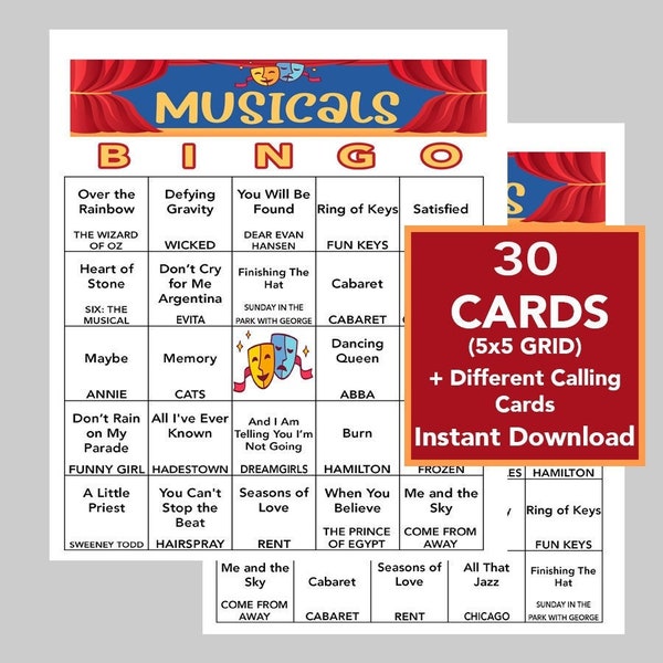 Broadway Music Hits, Broadway Musicals,  Bingo Games, Printable Games, Digital Download, 30 Different Bingo cards, Spotify Playlist