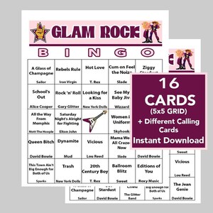 Glam Rock, Bingo Rock 'n' Roll dos anos 70, Jogos musicais, Festa Rock 'n' Roll, DOWNLOAD DIGITAL instantâneo, 16 cartelas de bingo, Lista de reprodução do Spotify incluída