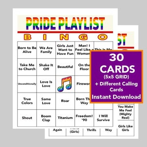 Pride BINGO, mese dell’orgoglio, musica dell’orgoglio, bingo nella playlist dell’orgoglio, giochi LGBTQ, bingo musicale, download digitale, 30 carte esclusive