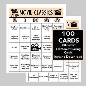 Bingo de canciones de películas, clásicos del cine, juegos para la noche en familia, descarga digital instantánea, juegos para imprimir, 100 tarjetas diferentes. Lista de reproducción de Spotify