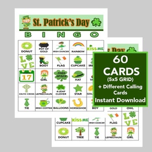 Op de afbeelding: Een printbaar St. Patrick's Day Bingo-spel met 60 kaarten. De kaarten hebben een 5x5 raster met afbeeldingen van Ierse symbolen zoals klavers, kabouters en potten goud. Het spel bevat verschillende oproepkaarten voor het spel.