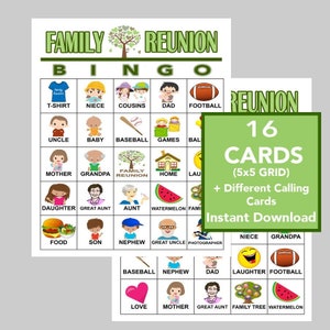 Family Reunion, Family Reunion Party, Family Reunion Bingo, Instant Digital Download, Printable Games,  16 Different cards, Calling Cards
