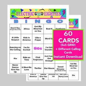 Éxitos musicales de los 80, fiesta de los 80, descarga digital instantánea, juegos de bingo, juegos imprimibles, 60 cartones de bingo diferentes, lista de reproducción de Spotify
