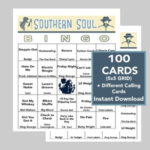 Années 50, 60, 70, soul du sud, blues, country, R&B, gospel, bingo musical, téléchargement numérique, 100 cartes de bingo différentes, liste de lecture Spotify