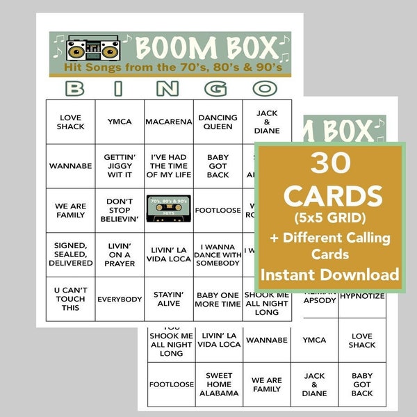 70's, 80's, & 90's Bingo, Music Games, 70's, 80's, and 90's Party, Instant Digital Download, 30 Bingo cards, Spotify Playlist Included