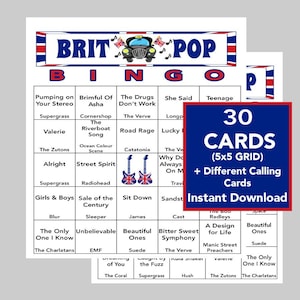 BRIT POP Music Hits, Fiesta de música POP británica, Descarga digital, Juegos de bingo, Juegos imprimibles, 30 tarjetas de bingo diferentes, Lista de reproducción de Spotify