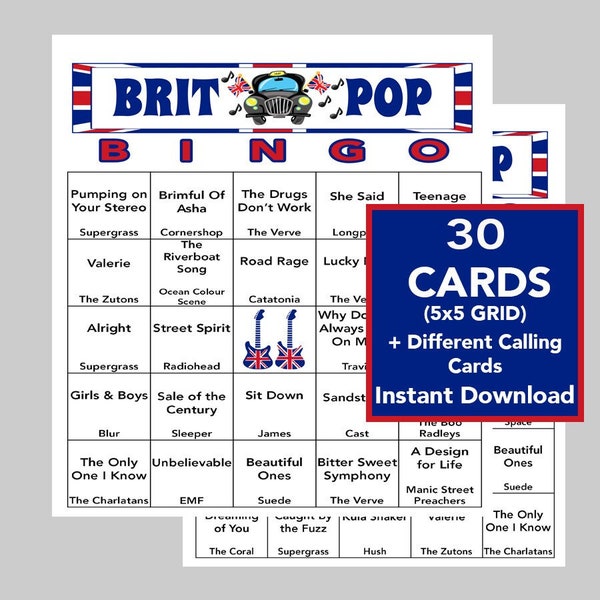 BRIT POP Music Hits, British POP Music Party, Digital Download, Bingo Games, Printable Games, 30 Different Bingo cards, Spotify Playlist