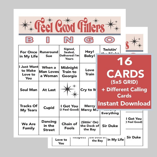 Music Bingo, Feel Good Music Games, 60,'s, 70's, and 80's Party, Instant Digital Download, 16 Bingo cards, Spotify Playlist Included