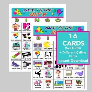 Jaren 80 bingo, jaren 80 terugblik, jaren 80 verjaardag, Instant Digitale Download, Bingogames, Afdrukbare games, 16 verschillende bingokaarten