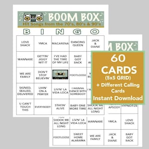 Bingo anni '70, '80 e '90, giochi musicali, feste anni '70, '80 e '90, download digitale istantaneo, 60 cartelle del bingo, playlist Spotify inclusa