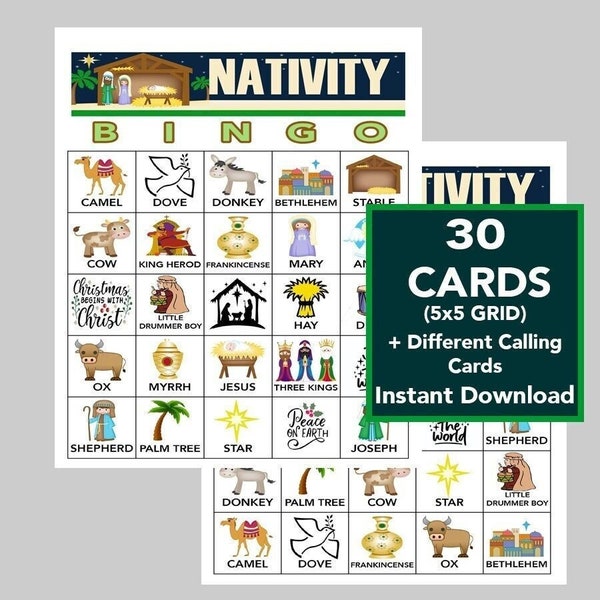 Nativity Bingo, Church Bingo, Youth Group Bingo, Sunday School Bingo Family Bingo, Group Bingo for Church, Digital Download, 30 Unique Cards