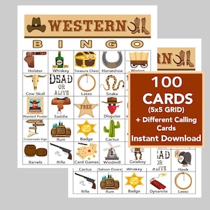 Salvaje Oeste, Western, Bingo 5x5, PDF imprimibles, descarga digital, lista de llamadas incluida, 100 tarjetas únicas, 2 tarjetas por página