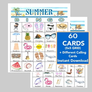Carte Bingo estive, Bingo per le vacanze estive, Bingo per feste in campeggio, Giochi divertenti estivi per bambini e adulti, Download istantaneo stampabile, 60 carte