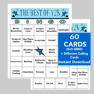 Éxitos musicales del 2000, Fiesta musical del 2000, Éxitos del Y2K, Bingo de cumpleaños, Descarga digital instantánea, Lista de reproducción de Spotify incluida, 60 tarjetas de bingo únicas