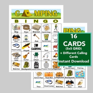 Camping Bingo, Jogos de Camping, Camping para Crianças, Download Digital Instantâneo, Jogos de Bingo, Jogos de Camping para Imprimir, 16 Cartas Diferentes