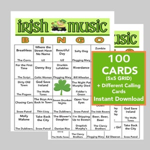 Jour de la Saint-Patrick, Chansons irlandaises, Jeux de bingo, Bingo de la Saint-Patrick, Jeux de la Saint-Patty, Téléchargement instantané, 100 cartes différentes, Lien Spotify