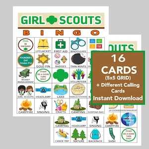 Girl Scout Bingo, Girl Scout Games, Instant Download, PDFs for Easy Printing, Calling Card Included, 16 Different Cards