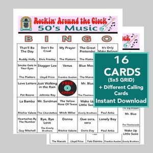 Éxitos musicales de los años 50, fiesta de los años 50, bingo de los años 50, descarga digital instantánea, juegos de bingo, juegos imprimibles, 16 cartones de bingo diferentes, lista de reproducción de Spotify