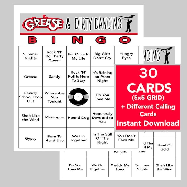 Grease, Dirty Dancing, Music Hits, Music Party, Digital Download, Bingo Games, Printable Games, 30 Bingo cards