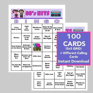 Éxitos musicales de los 80, fiesta de los 80, descarga digital instantánea, juegos de bingo, juegos imprimibles, 100 cartones de bingo diferentes, lista de reproducción de Spotify