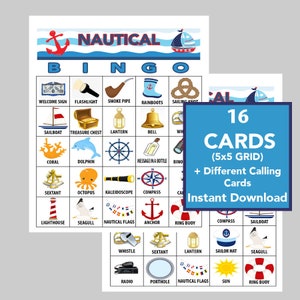 NAUTIK Bingo Spiel, Bootfahren und Angeln Bingo, Nautisches Thema Geburtstags Bingo, Sofort Download, 16 verschiedene Karten, Visitenkarten