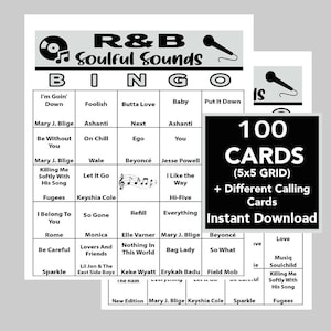 Éxitos musicales de R&B, rhythm and blues, sonidos conmovedores, descarga digital imprimible, juegos de bingo, 100 tarjetas de bingo únicas, lista de reproducción de Spotify incluida