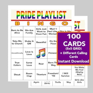 Pride BINGO, Mes del Orgullo, Música del Orgullo, Bingo de lista de reproducción del Orgullo, Juegos LGBTQ, Bingo musical, Descarga digital, 100 tarjetas únicas