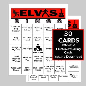 Éxitos de Elvis Presley, música de Elvis, juegos de bingo, descarga digital instantánea, juegos imprimibles, 30 tarjetas diferentes, lista de reproducción de Spotify incluida