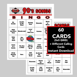 Éxitos musicales de los 90, descarga, juegos de bingo, juegos imprimibles, juegos de bingo para todos, 60 cartones de bingo, lista de reproducción de Spotify incluida