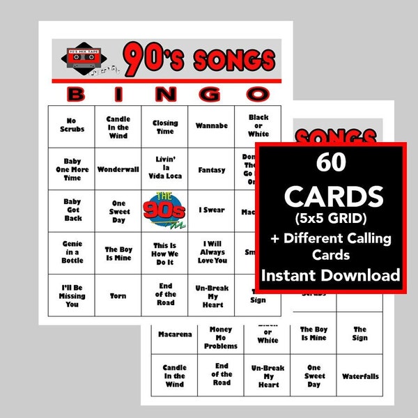 90's Music Hits, Download, Bingo Games, Printable Games, Bingo Games for all, 60 Bingo cards, Spotify Playlist Included