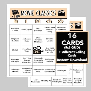 Bingo z piosenkami filmowymi, Bingo z klasyką filmową, Gry rodzinne na wieczór, Natychmiastowe pobieranie cyfrowe, Gry do druku, 16 różnych kart. Lista odtwarzania Spotify
