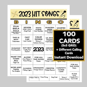 Succès en 2023, chansons en 2023, tubes en 2023, Bingo musical, téléchargement numérique instantané, 100 cartes différentes, lien Spotify inclus